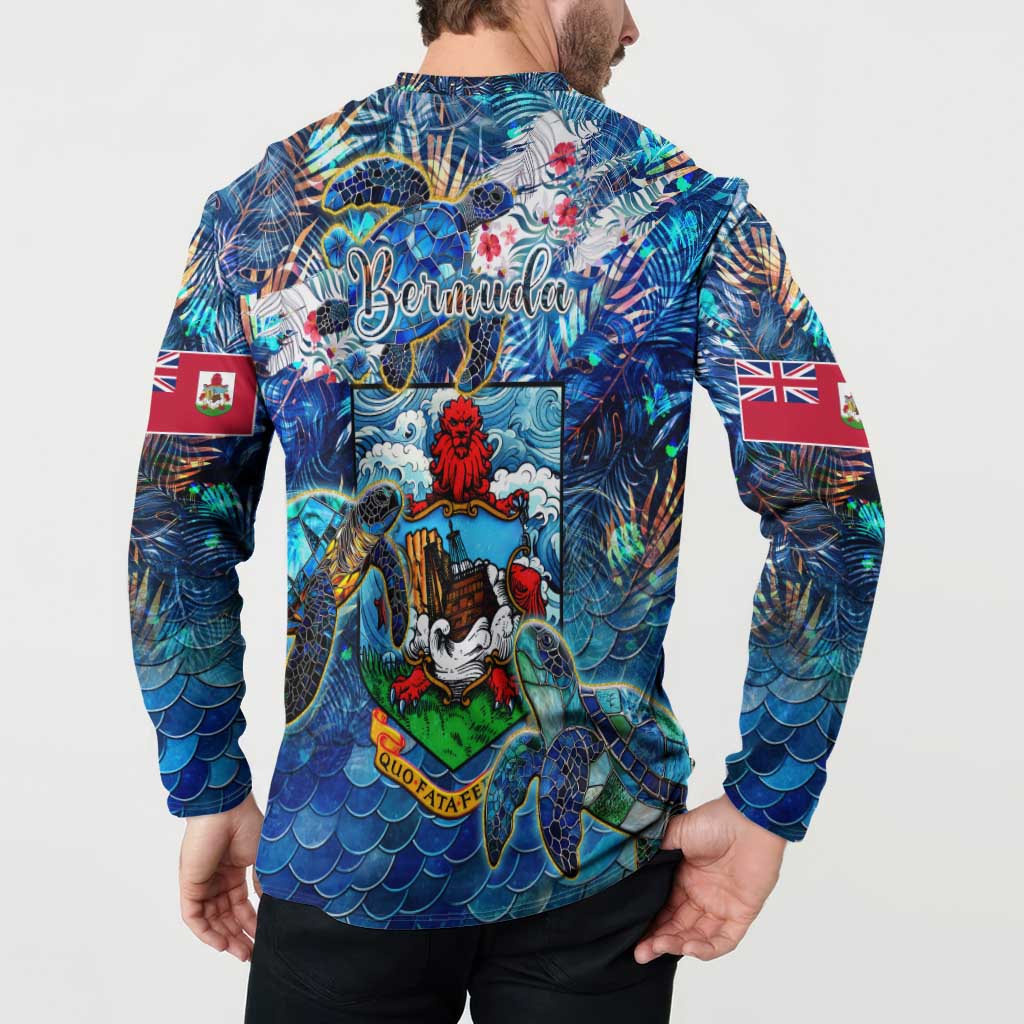 Blue button sweatshirt back with Bermuda coat-of-arms graphic and sea turtle scale print