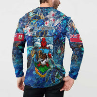 Blue button sweatshirt back with Bermuda coat-of-arms graphic and sea turtle scale print