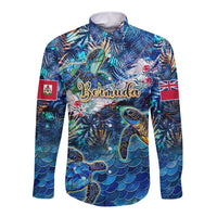 Blue long-sleeve button shirt with sea turtle tropical print and Bermuda script front