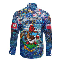 Blue long-sleeve button shirt, back view with Bermuda script and turtle crest print