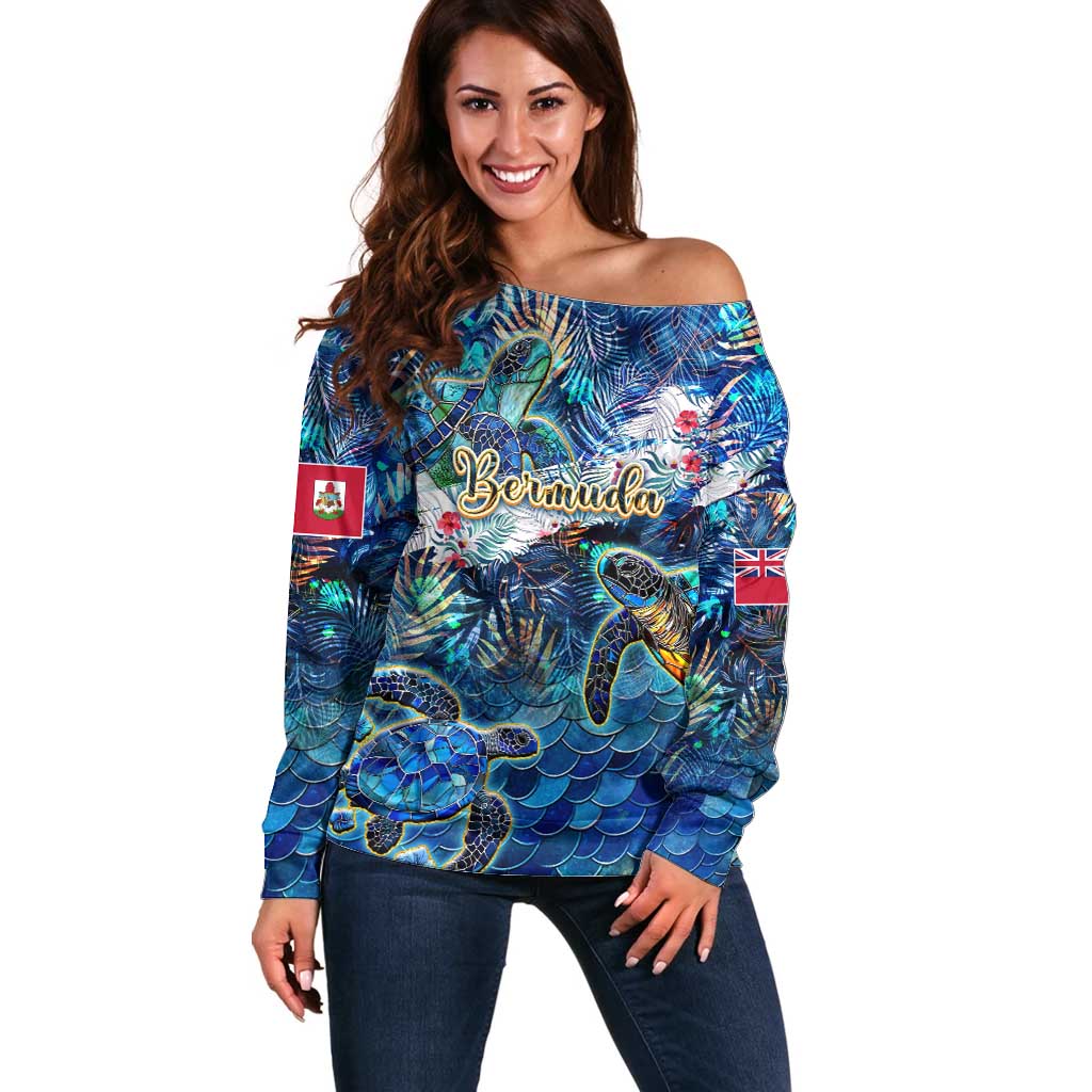 Bermuda Off Shoulder Sweater Sea Turtle Tropical Pattern