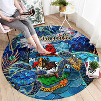 Round blue sea turtle area rug with colorful tropical graphics and 'Bermuda' text