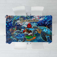 Blue tropical tablecloth with sea turtle and ocean-themed pattern, rectangular