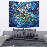 Blue tropical sea turtle tapestry wall hanging with Bermuda lettering and coral details