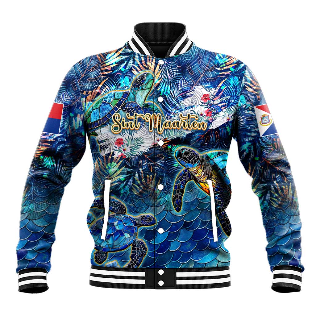 Blue tropical baseball jacket with sea turtle graphic, ribbed collar and striped cuffs