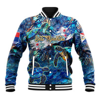 Blue tropical baseball jacket with sea turtle graphic, ribbed collar and striped cuffs