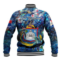 Blue baseball jacket with sea turtle back print, ribbed collar, striped hem and cuffs