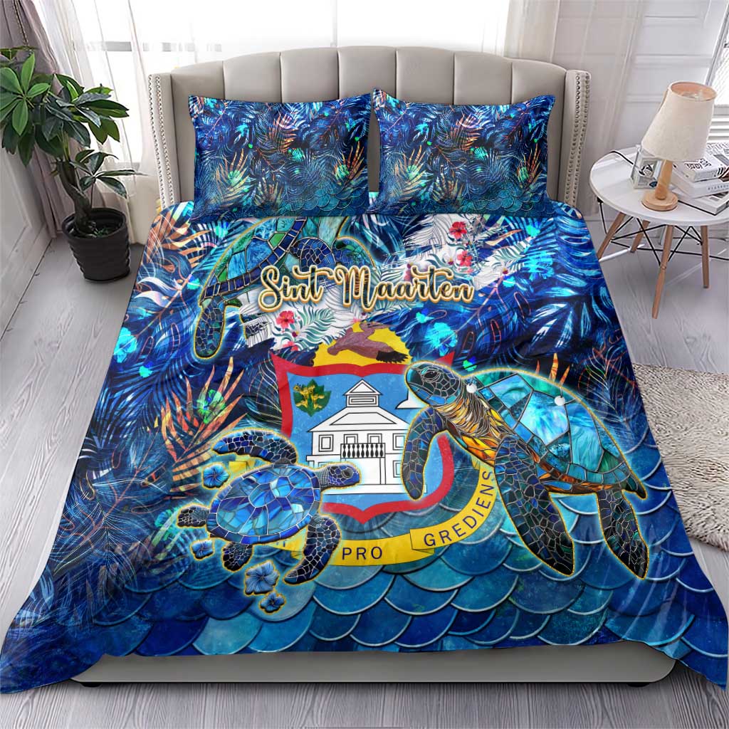Blue tropical duvet cover bedding set with sea turtle scene and two pillowcases