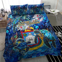 Blue sea turtle and tropical leaf bedding set with two square pillowcases