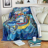 Blue sea turtle tropical blanket with Sint Maarten logo and wave scales pattern