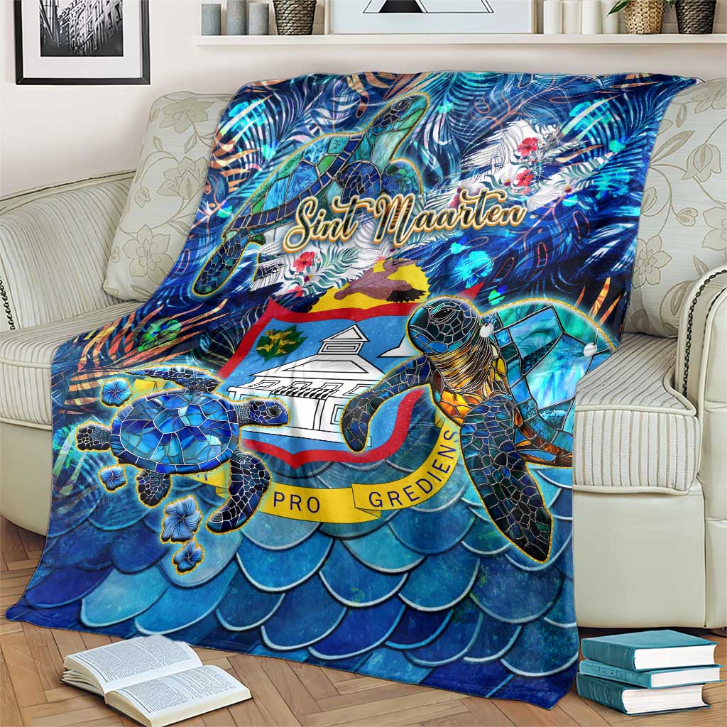 Blue sea turtle tropical blanket with Sint Maarten text, turtle, and wave scales