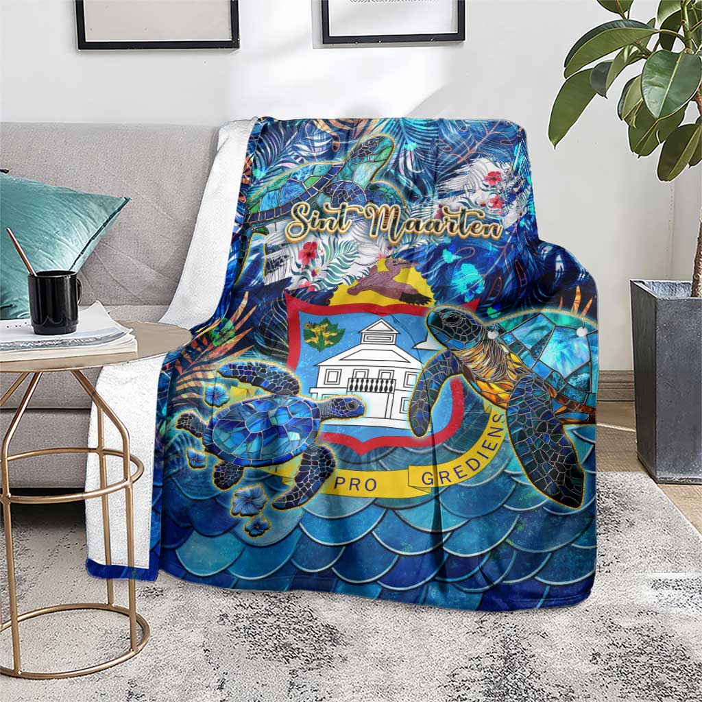 Blue sea turtle tropical blanket on chair with Sint Maarten graphic and turtle artwork