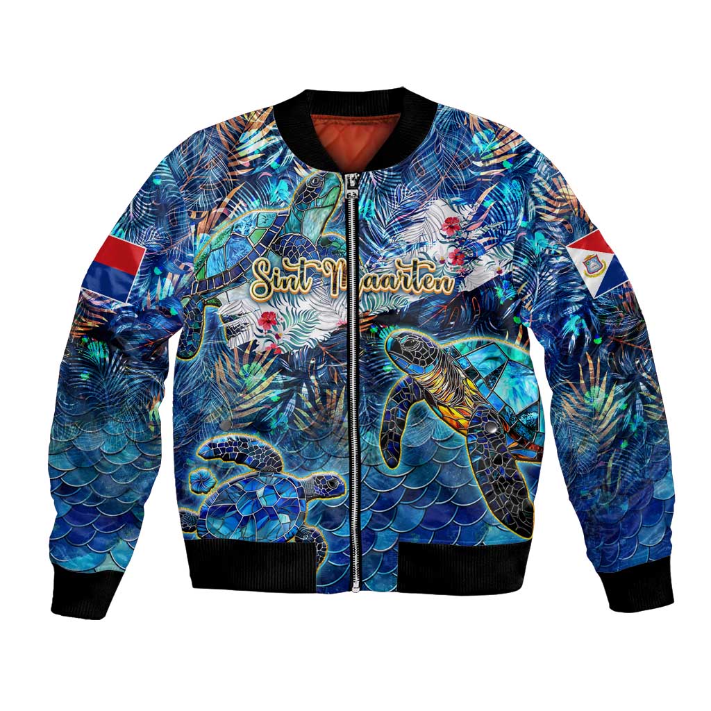Unisex blue bomber jacket with sea turtle tropical graphic, black ribbed trim and zipper