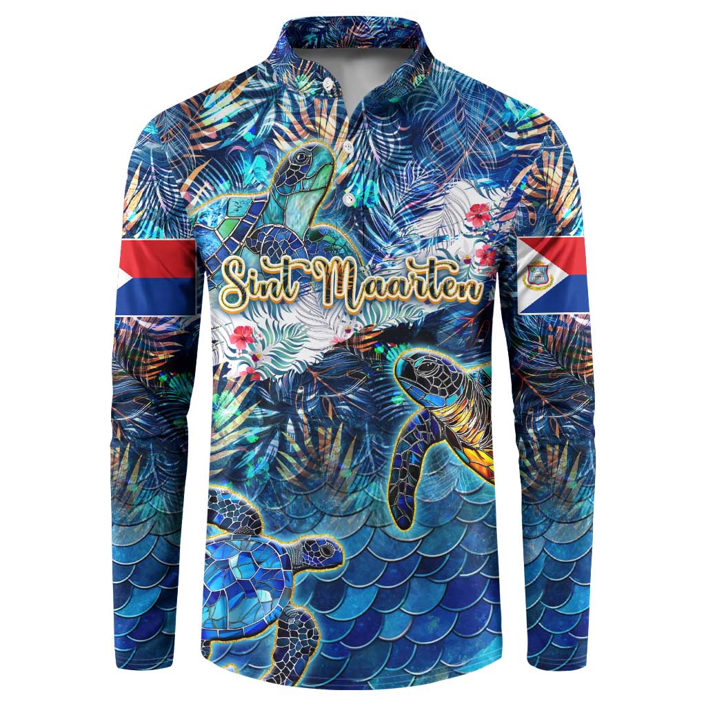 Blue button-collar sweatshirt with sea turtle graphic and tropical leaf pattern, long sleeves