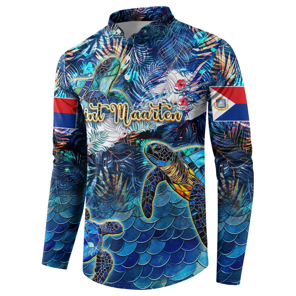 Blue button-collar sweatshirt with centered sea turtle and tropical waves pattern, long sleeves