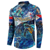 Blue button-collar sweatshirt with centered sea turtle and tropical waves pattern, long sleeves