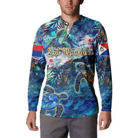 Blue button-collar sweatshirt with sea turtle and tropical waves front graphic, long sleeves