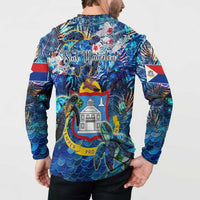 Blue button-collar sweatshirt with back sea turtle, building, and tropical island map graphics