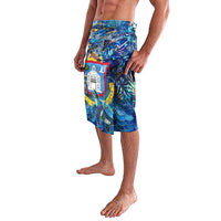 Men's tropical sea turtle sarong, blue with lighthouse and shell-like scale print