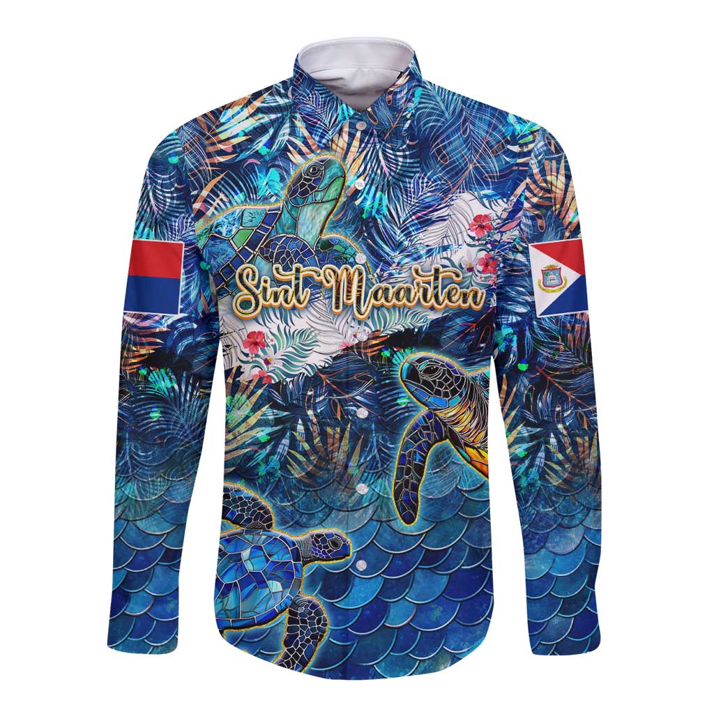 Blue long-sleeve button shirt with colorful tropical sea turtle pattern, front view