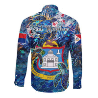 Blue long-sleeve button shirt with tropical sea turtle print and house graphic, back view