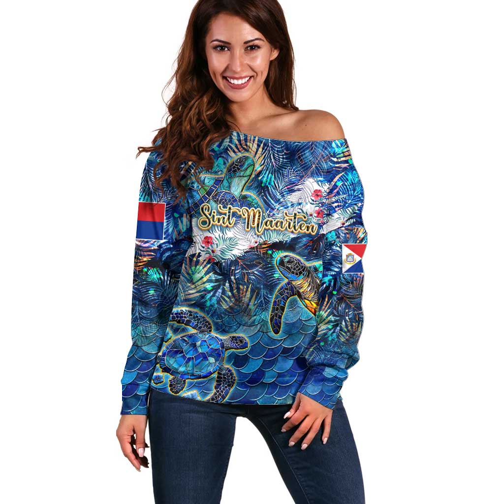 Sint Maarten Off Shoulder Sweater Sea Turtle Tropical Pattern