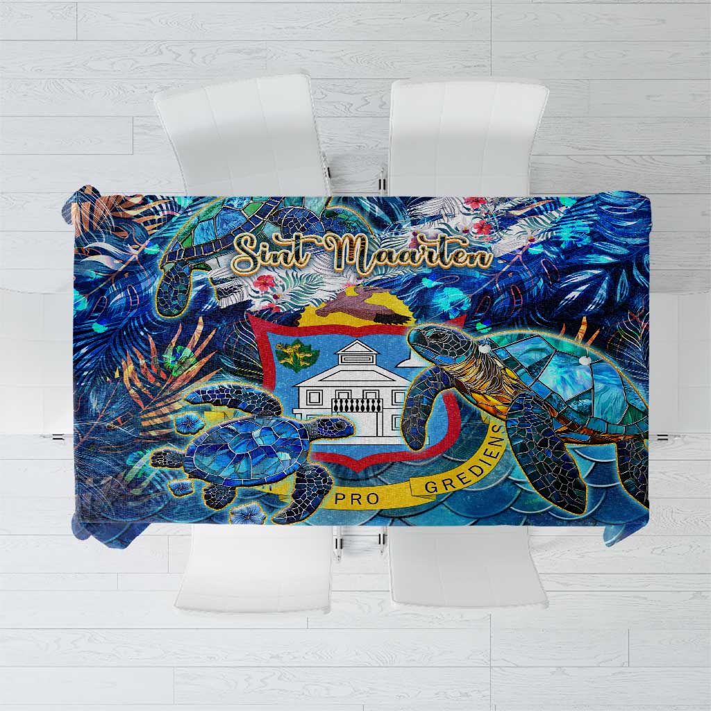 Blue sea turtle tropical tablecloth with wave-scale and house-and-coral artwork, rectangle