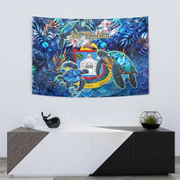 Rectangular blue sea turtle tapestry with ocean waves, lighthouse, and crest