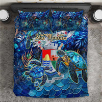 Blue tropical bedding set with sea turtle and island illustration, matching square pillows