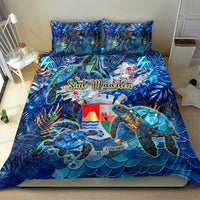 Blue bedding set featuring sea turtles, tropical plants, and two matching pillows