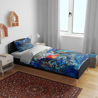 Blue sea turtle tropical bedding set with duvet and two matching pillows on bed