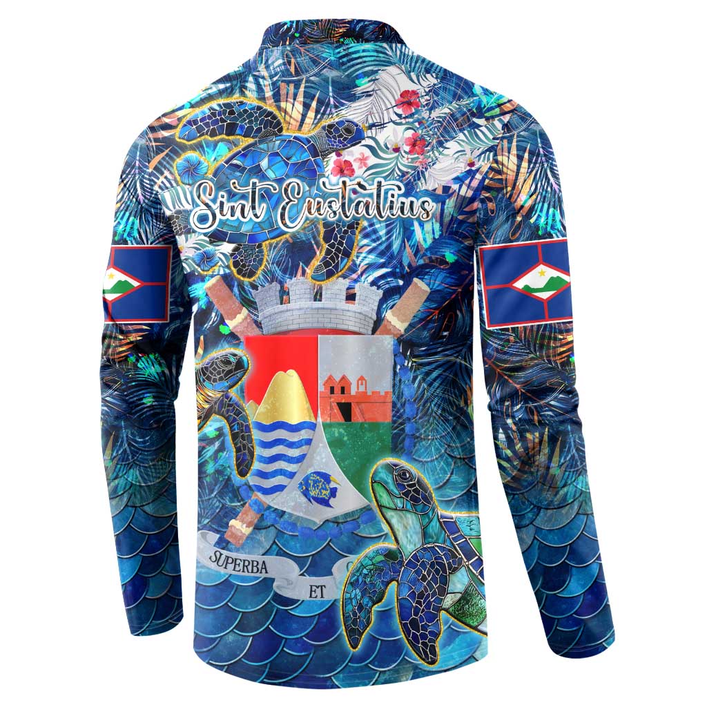 Blue tropical sea turtle sweatshirt with back graphic, lighthouse and sea-themed pattern