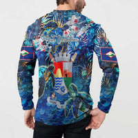 Blue tropical sea turtle sweatshirt with large back scene graphic and script logo
