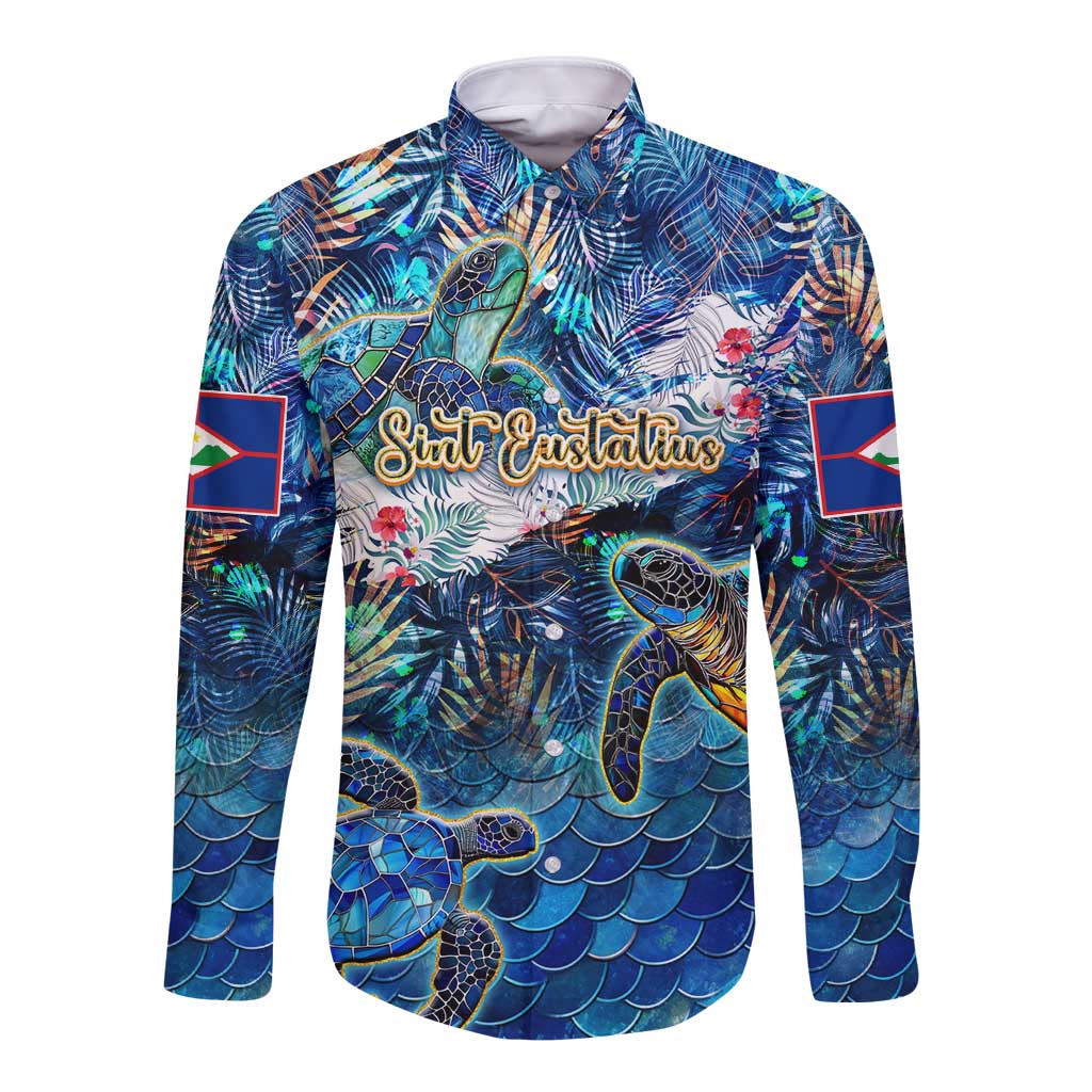Blue long-sleeve button shirt, sea turtle tropical pattern with Sint Eustatius graphic