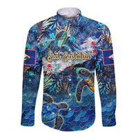 Blue long-sleeve button shirt, sea turtle tropical pattern with Sint Eustatius graphic