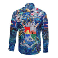 Blue long-sleeve button shirt, sea turtle tropical pattern with DT02 back graphic
