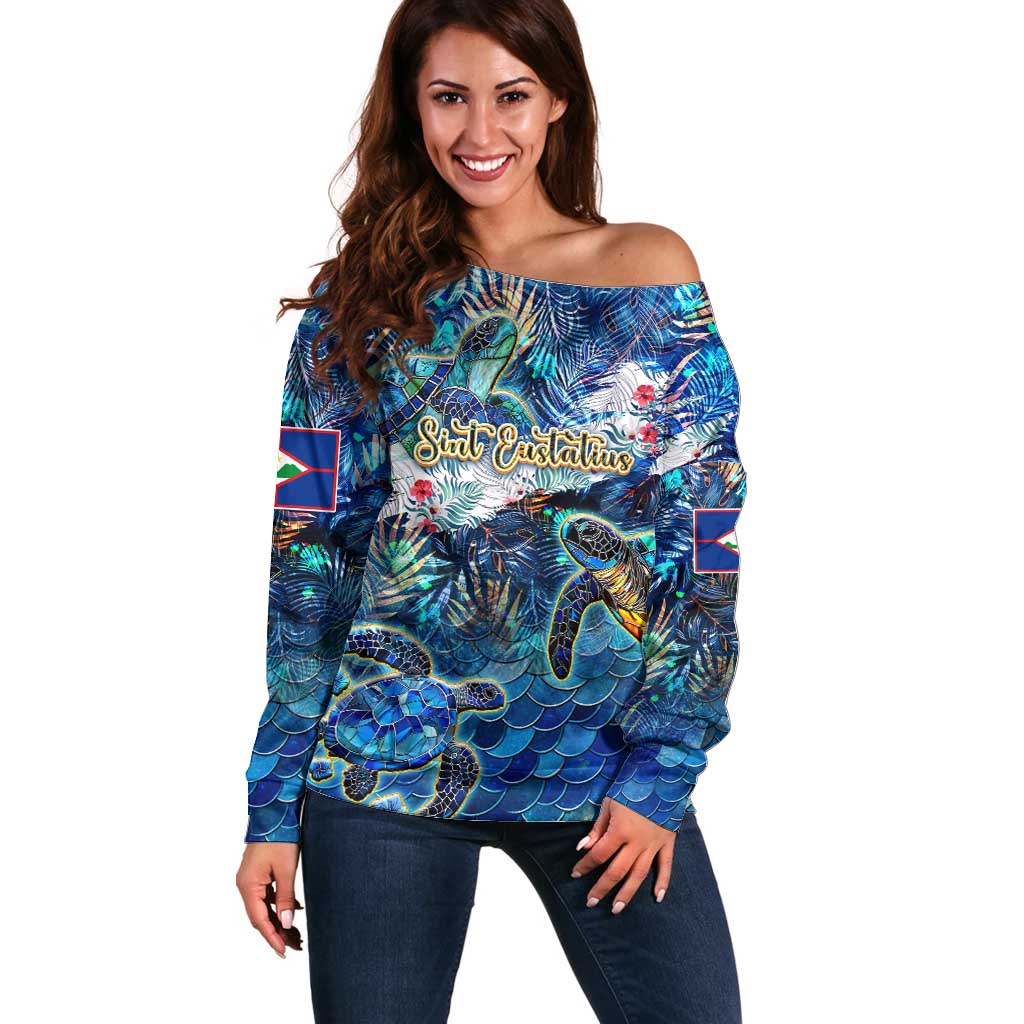 Sint Eustatius Off Shoulder Sweater Sea Turtle Tropical Pattern