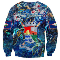 Unisex crewneck sweatshirt in blue with sea turtle tropical graphic, landscape print