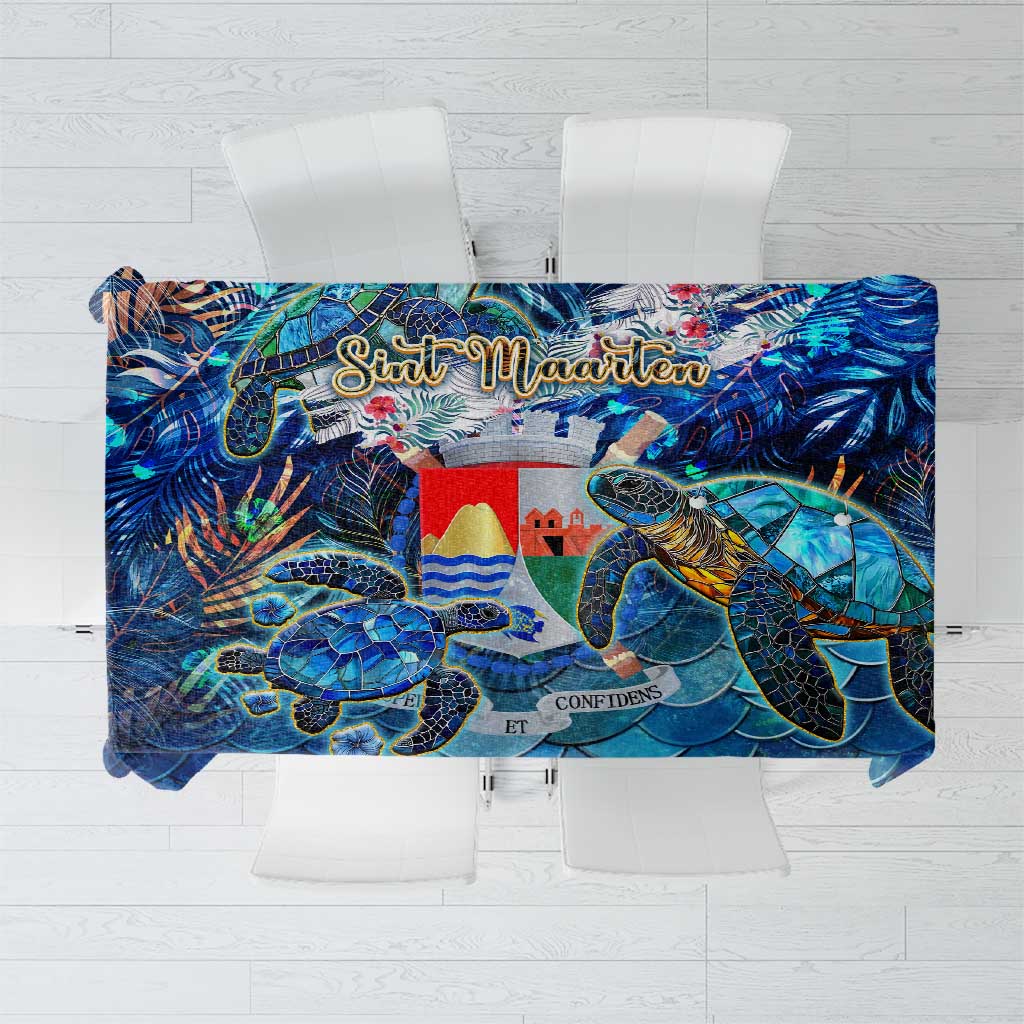 Blue sea turtle tropical tablecloth with colorful underwater artwork, rectangular design