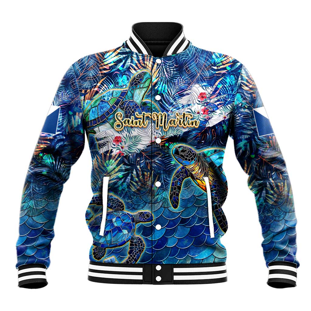 Unisex blue baseball jacket with sea turtle tropical print, rib knit collar and snap front