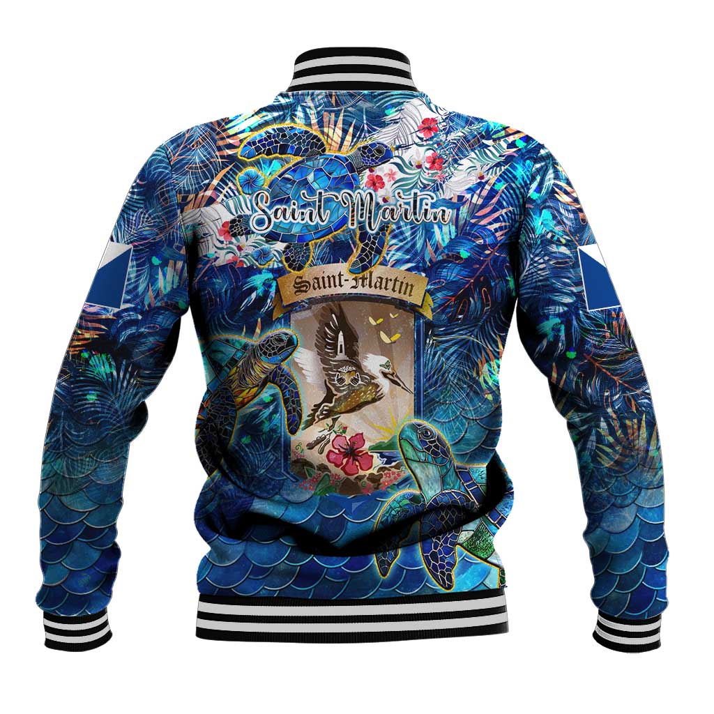 Unisex blue baseball jacket back with sea turtle tropical print, striped rib trim and Saint Martin logo