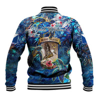 Unisex blue baseball jacket back with sea turtle tropical print, striped rib trim and Saint Martin logo