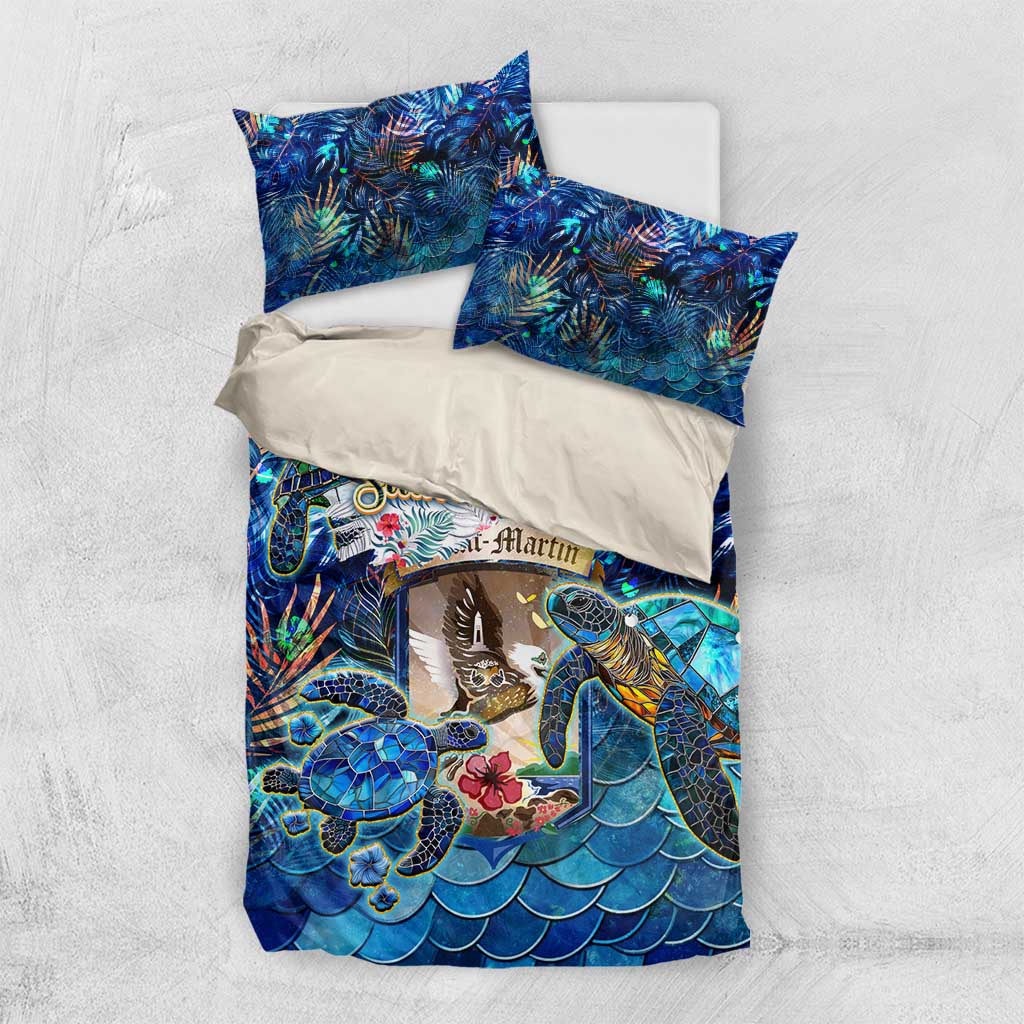 Blue sea turtle tropical bedding set: duvet and two pillows on light surface