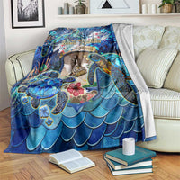 Blue sea turtle tropical blanket with scallop wave pattern and colorful turtle artwork