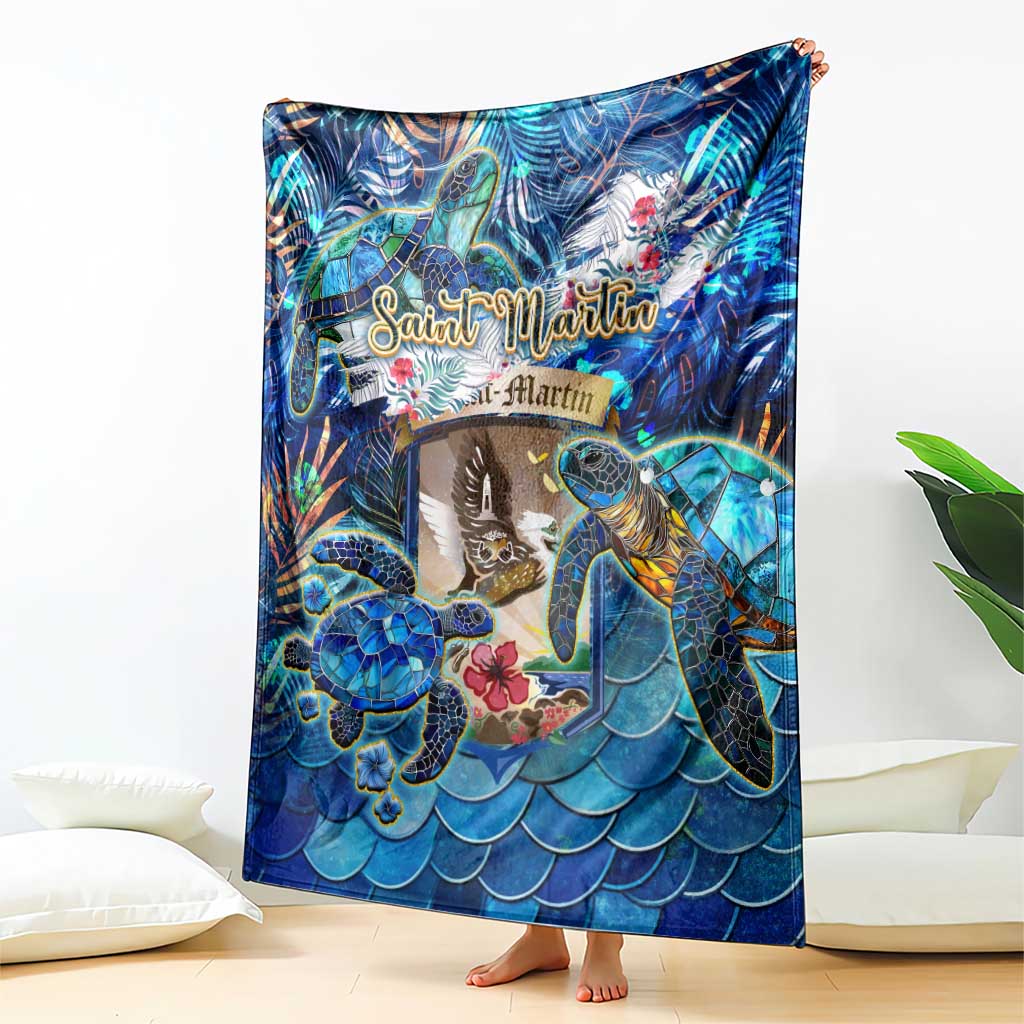 Blue sea turtle tropical blanket, colorful turtle and seabird artwork with wave scales