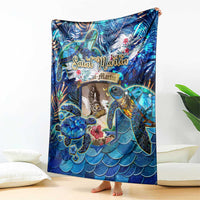 Blue sea turtle tropical blanket, colorful turtle and seabird artwork with wave scales