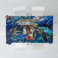 Blue sea turtle tropical pattern tablecloth, rectangular, draped on chairs