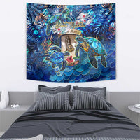Blue sea turtle tropical wall tapestry featuring turtles, fish, and coral motifs.