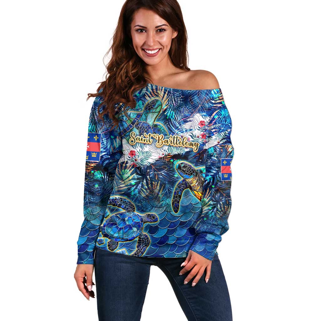 Saint Barthelemy Off Shoulder Sweater Sea Turtle Tropical Pattern