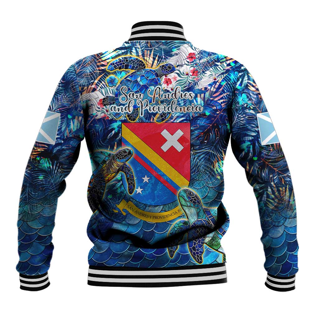 Unisex blue baseball jacket with sea turtle print and back flag patch, striped ribbed cuffs